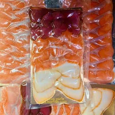 Ассорти (форель, масляная, тунец) ломтики холодного копчения 500 г. Упаковка 500 г